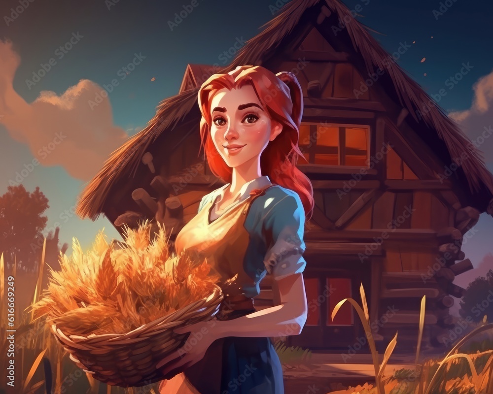 A female farmer holds a basket on a farm background. (Illustration, Generative AI)