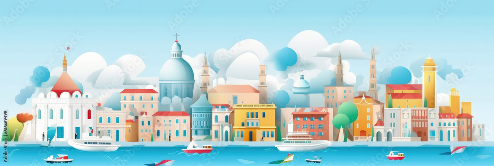 Venice city panorama, urban landscape. Business travel and travelling of landmarks. Illustration, web background. Buildings silhouette. Italy - Generative AI