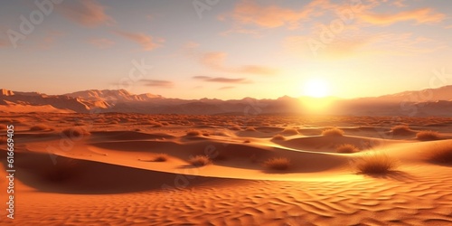 The first morning rays of the sun illuminate the sand dunes of the desert. Created with generative AI tools