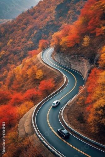 aerial view of a car traveling on a winding mountain road, created with generative ai