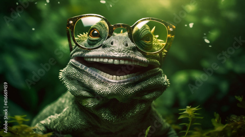 scale animal lizard close-up green reptile wildlife glasses iguana portrait. Generative AI.