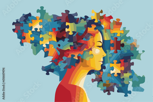 International Parental Mental Health Awareness Week. Blue monday or mental health day. woman with a puzzle brain. Neurodiversity, Disability Pride Month, world brain day, dementia 