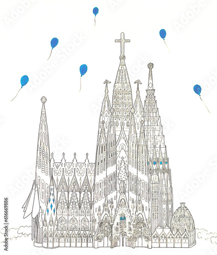 Fine hand drawn detail of Sagrada Familia, black and white line drawing with a touch of blue, with several balloons floating in the sky