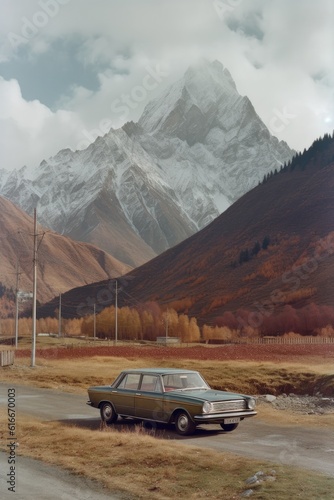 car parked near a picturesque mountain landscape, created with generative ai © Natalia