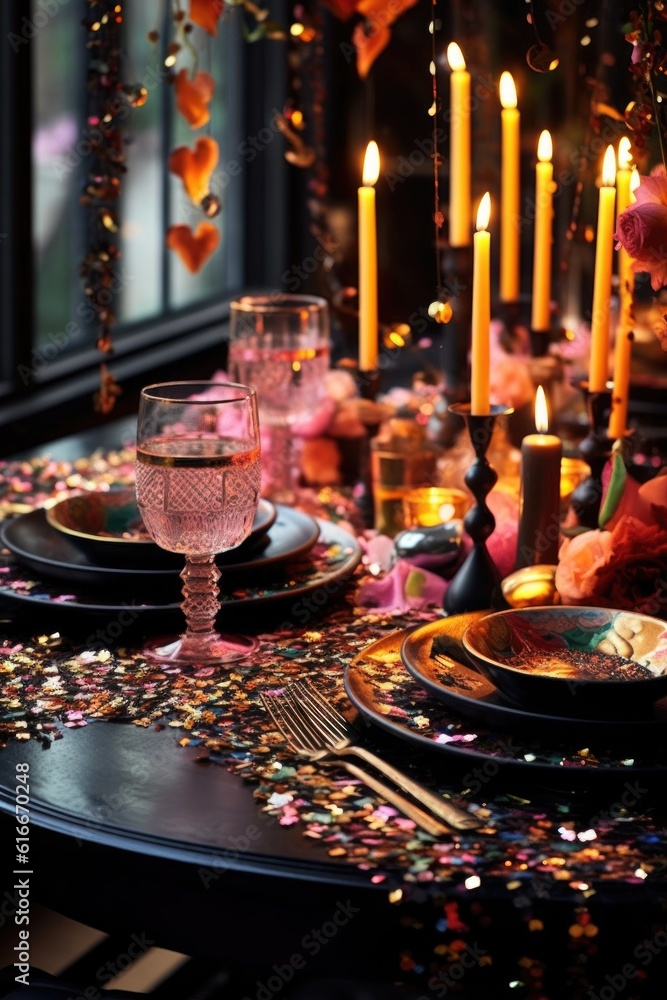 festive table setting with candles and confetti, created with generative ai