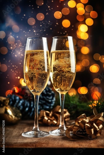 champagne glasses clinking with festive background, created with generative ai