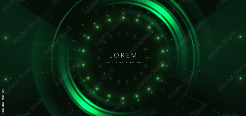 Abstract technology futuristic glowing dot neon green light ray on dark green background with lighting effect.
