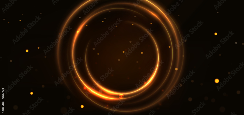 Obraz premium Abstract luxury golden circles lines overlapping on dark blue background with lighting effect and sprkle. Template premium award design.