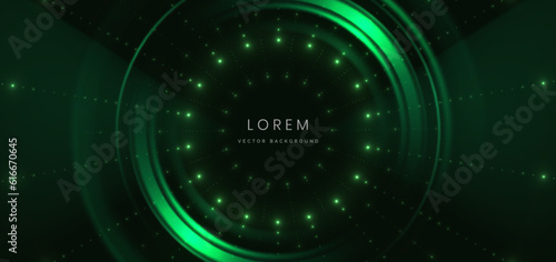 Abstract technology futuristic glowing dot neon green light ray on dark green background with lighting effect.