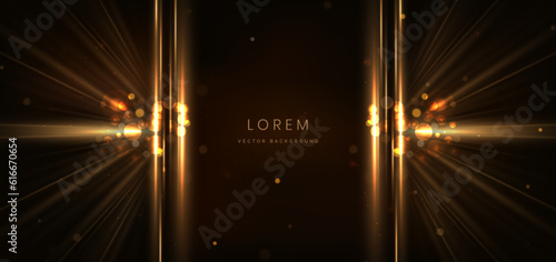 Abstract glowing gold vertical lighting lines on dark  background with lighting effect and sparkle with copy space for text.