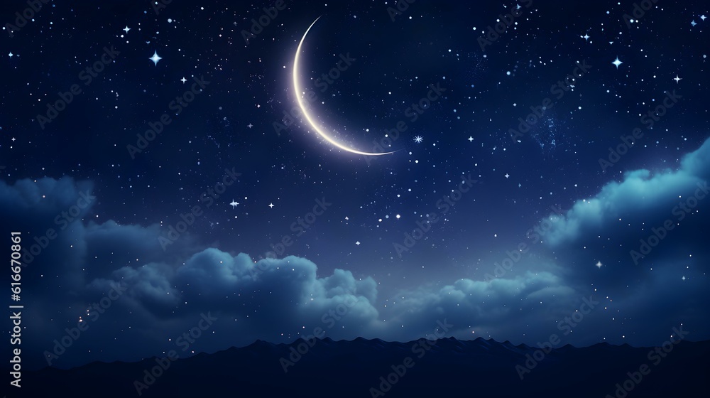 Dreamy Starry Night Sky with a Crescent Moon