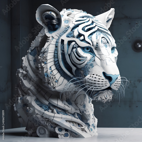 Synthetic Evolution: Generative AI Transforms Tiger Head Figurine into Futuristic Digital Art with Mechanical Design and Stone Sculpture Influences