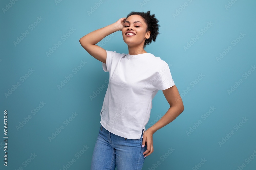 young pretty hispanic business music lover woman in white t-shirt for identity and branding young pretty hispanic business music lover woman in white t-shirt for identity and branding