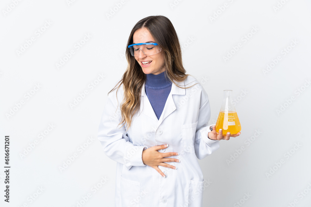 Young Romanian scientific woman isolated on white background smiling a lot Young Romanian scientific woman isolated on white background smiling a lot