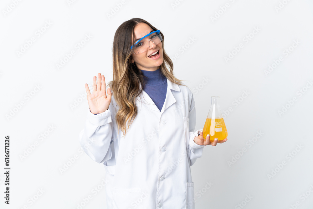 Young Romanian scientific woman isolated on white background saluting with hand with happy expression Young Romanian scientific woman isolated on white background saluting with hand with happy expression