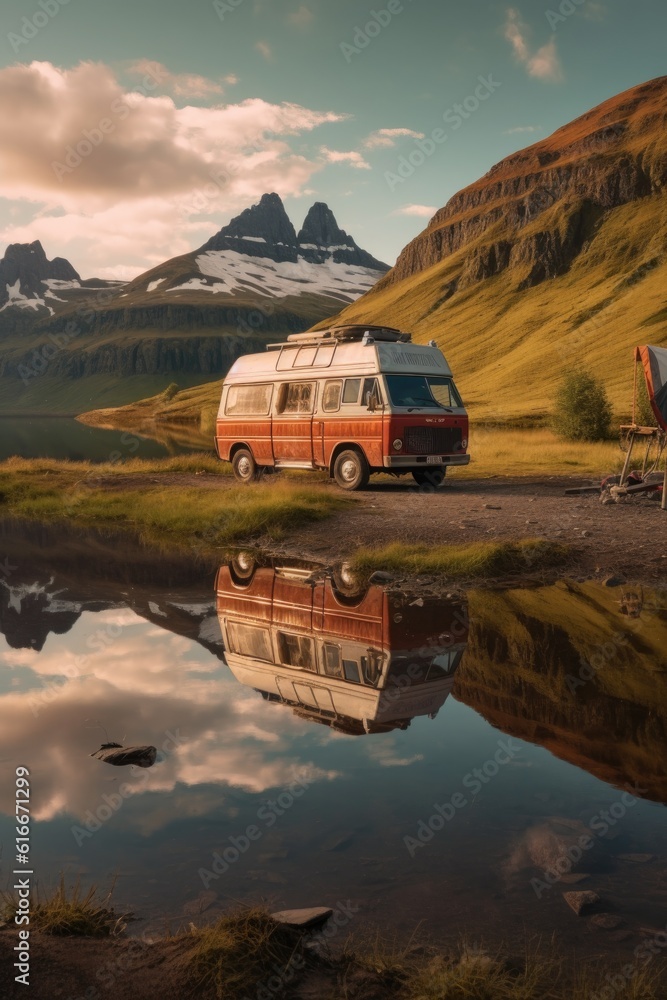 off-road camper van parked near a remote lake, created with generative ai off-road camper van parked near a remote lake, created with generative ai