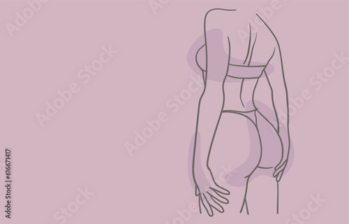 Body woman white line art drawing with shape on pink background. Minimal design. Vector outline illustration