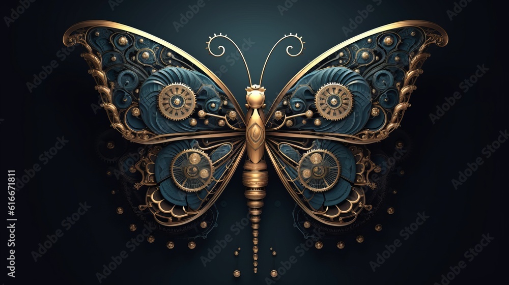 magic steampunk fantasy butterfly on dark blue background Generative AI