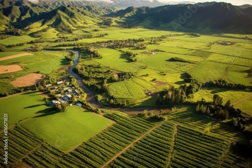 aerial view of lush organic farm fields, created with generative ai