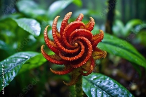 spiral ginger flower with dewdrops in a rainforest, created with generative ai