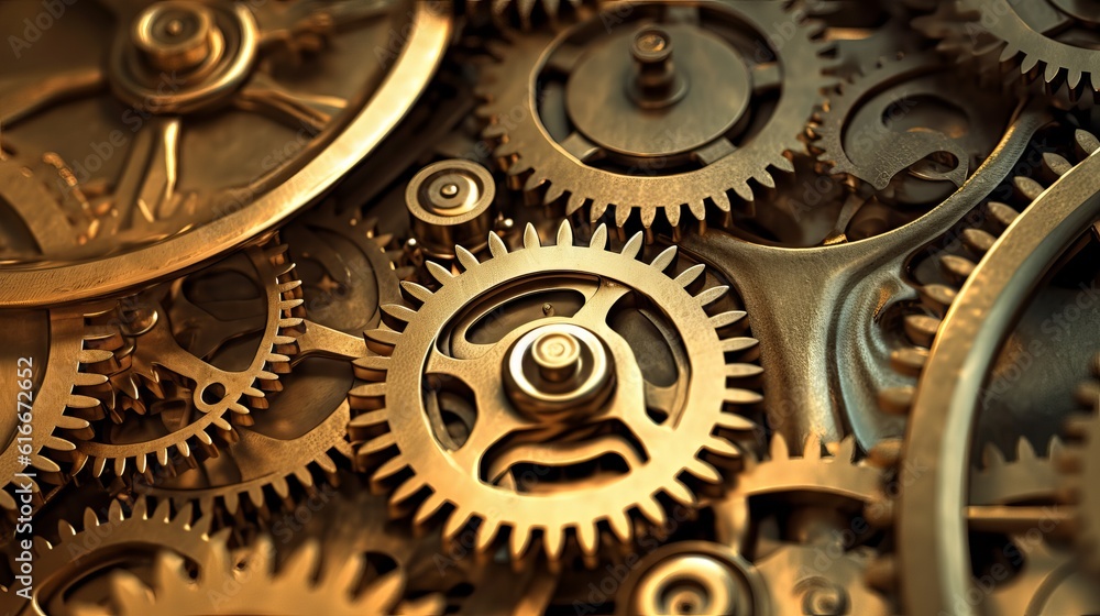 Brass cog wheels, steampunk background, texture with copy space Generative AI