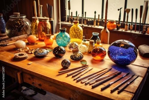 various glassblowing tools on workshop table, created with generative ai photo