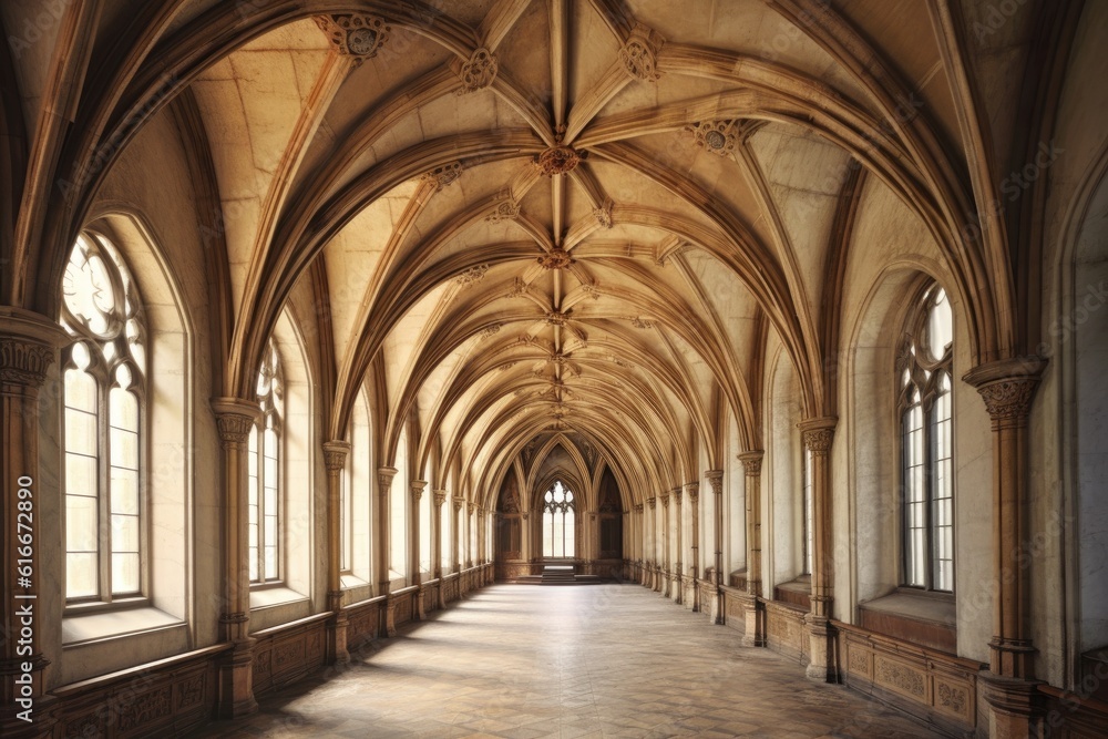 atmospheric view of vaulted ceiling and arches, created with generative ai