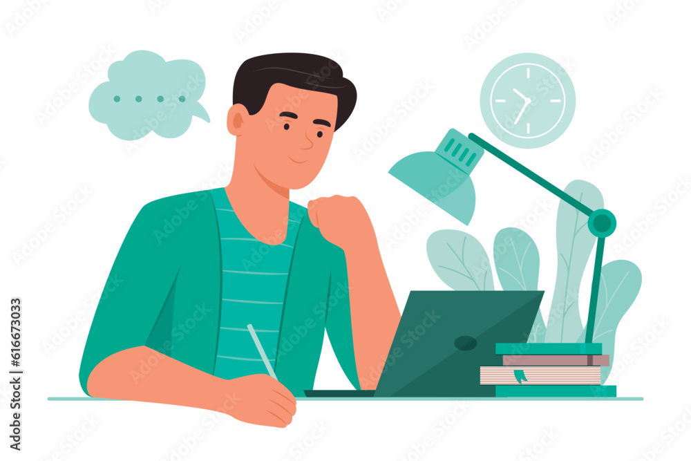 Freelancer Man Online Working at Home Concept Illustration Freelancer Man Online Working at Home Concept Illustration