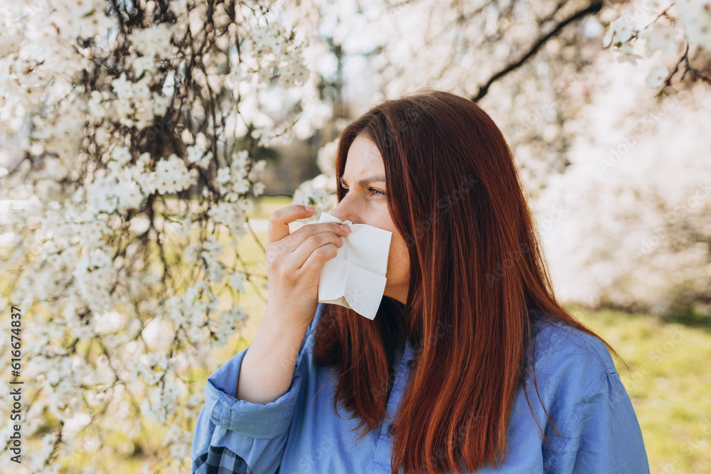 Sneezing young redhead woman with nose wiper among blooming trees in park. Portrait of sick women sneezes in white tissue, suffers from rhinitis and running nose. Symptoms of cold or allergy. Sneezing young redhead woman with nose wiper among blooming trees in park. Portrait of sick women sneezes in white tissue, suffers from rhinitis and running nose. Symptoms of cold or allergy.