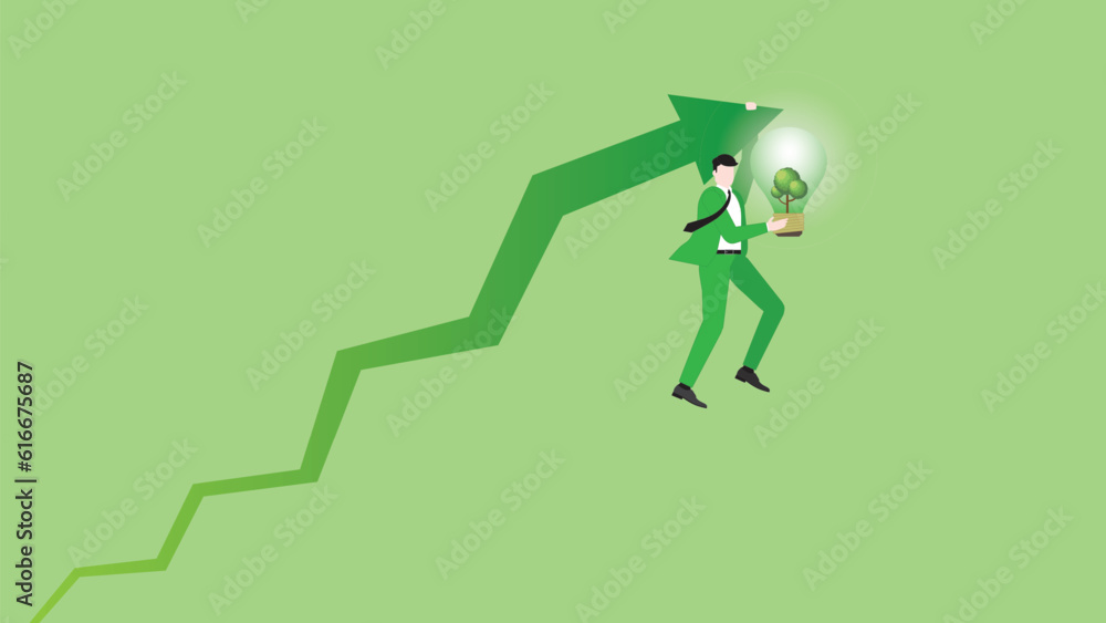 A businessman hangs a rising arrow with a tree lightbulb. ESG idea, Renewable, Alternative energy, Environmental policy, Net zero emission, Carbon footprint reduction, Sustainable, and Green concept. A businessman hangs a rising arrow with a tree lightbulb. ESG idea, Renewable, Alternative energy, Environmental policy, Net zero emission, Carbon footprint reduction, Sustainable, and Green concept.