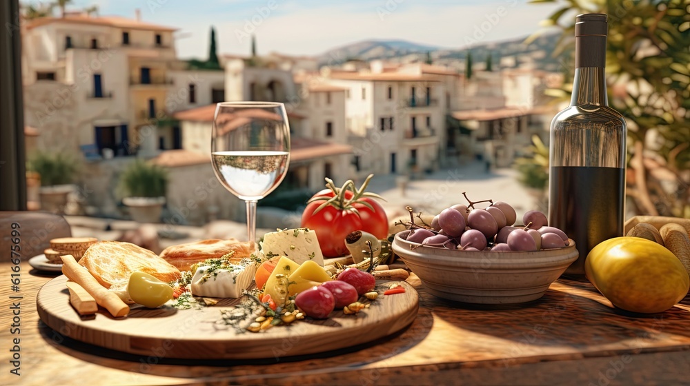 Mediterranean + food and wine, ultra realistic, ultra detail, 8k, 85mm, stock photo, clean sharp focus