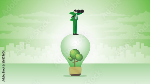 A visionary businessman uses binoculars on a tree lightbulb in the city. Look for ESG business idea, Environmental policy, Green business, Eco-friendly, Sustainable and Global nature concern concept.