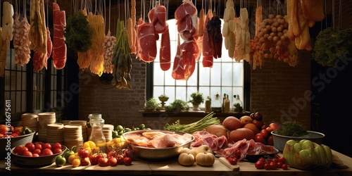 Italian - style cooking with hanging foods, hams, garlic, bread, tomatoes, vegetables, onions, salami