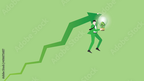 A businessman hangs a rising arrow with a tree lightbulb. ESG idea, Renewable, Alternative energy, Environmental policy, Net zero emission, Carbon footprint reduction, Sustainable, and Green concept.