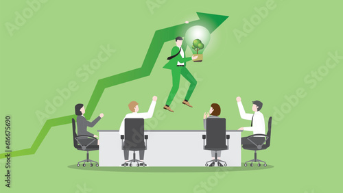 A businessman hangs a rising arrow with tree lightbulb at teamwork meeting. ESG idea, Renewable, Alternative energy, Environmental policy, Net zero emission, Carbon footprint reduction, Sustainable.