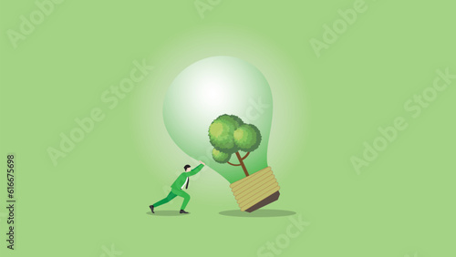 A businessman pushes a big tree lightbulb. ESG idea, Renewable, Alternative energy, Environmental policy, Net zero emission, Carbon footprint reduction, Sustainable, Eco-friendly, and Green concept.