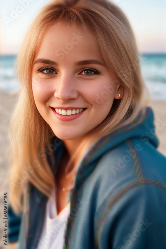 Close-up portrait of an adult beautiful woman on the sea coast on vacation. Generative AI