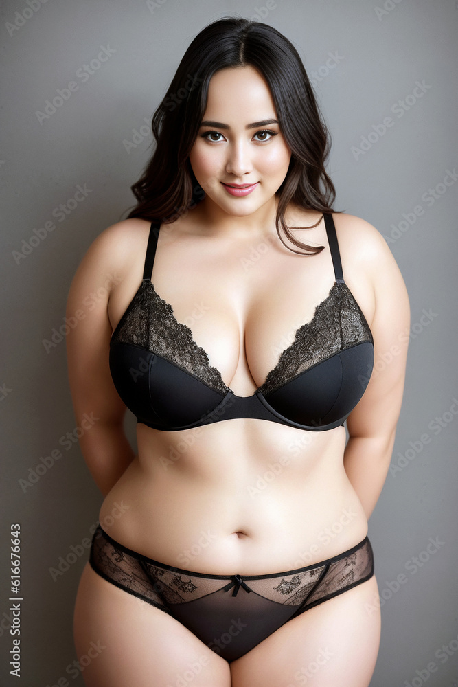 Curve woman plus size model in lingerie on gray background. Generative AI Curve woman plus size model in lingerie on gray background. Generative AI