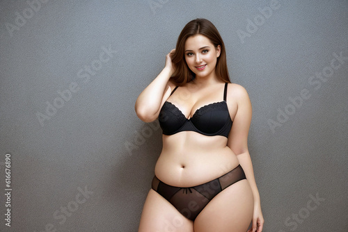 Curve  woman plus size model in lingerie on gray background. Generative AI