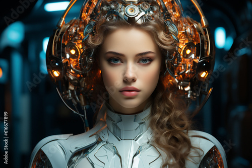 Beautiful female cyber fashion robot on the futuristic techno background. Artificial Intelligence. Quantum computer. AI generative