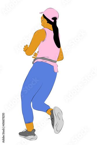 simple woman warming up run runner,vector hand draw outline sketch, isolated on white