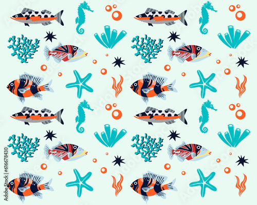 Marine life illustration pattern vector corral, shell, scallop, starfish, deep sea background layout silhouette printable