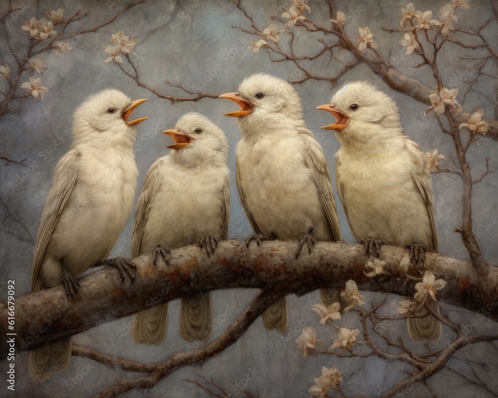 Obraz premium realistic scene of birds perched on tree branches, singing their melodious tunes. oil paints to create a rich texture that brings out the subtle details of their feathers 