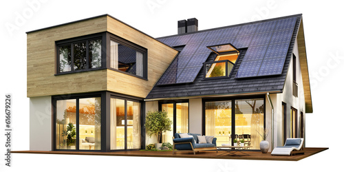 Modern house with solar panels on a transparent background