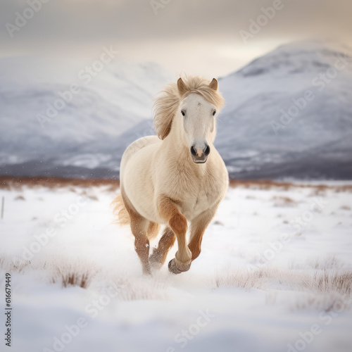 A highland pony gallops across snowy fields in the rural highlands of Scotland