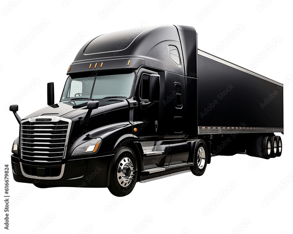 Black truck freightliner isolated on a transparent background, Cargo car. concept of trucking, supply chain, transit, moving, shipping, delivery, mailing, post services, front side view. generative ai