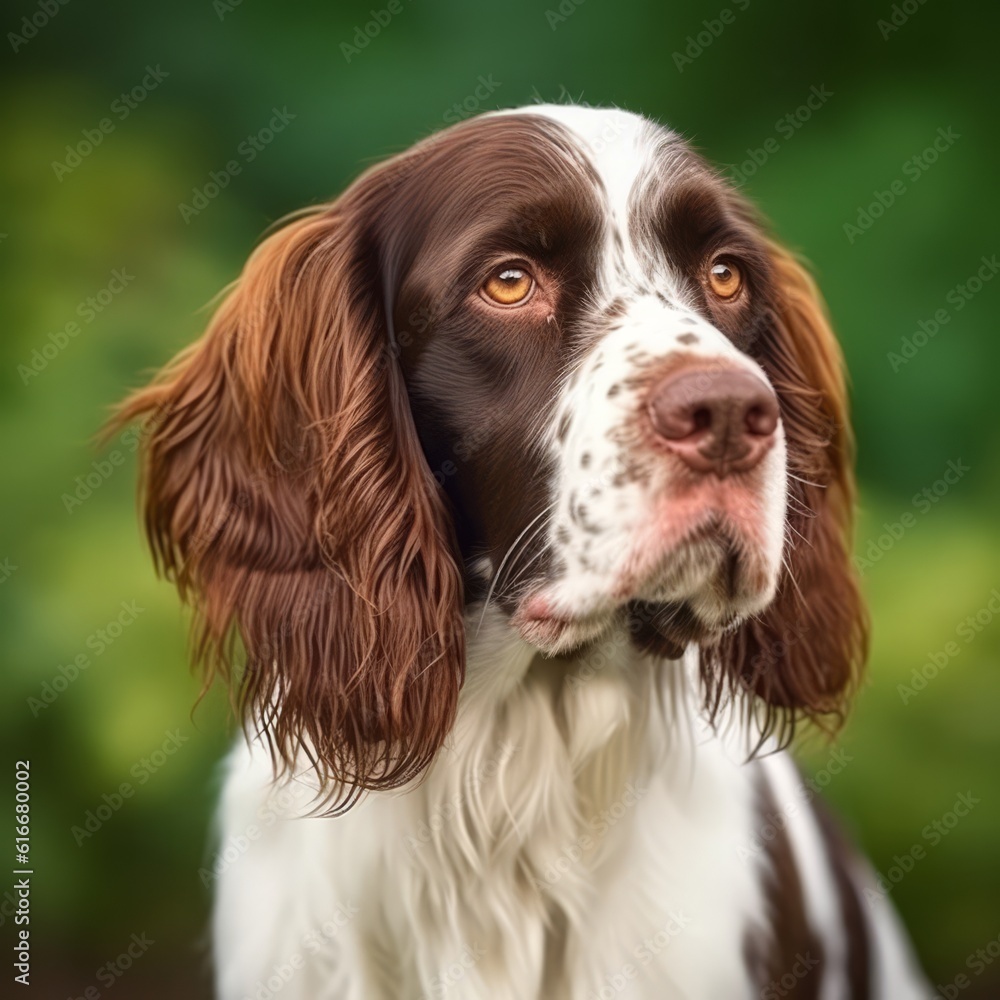 Profile portrait of a purebred English Springer Spaniel dog in the nature. Spaniel dog portrait in a sunny summer day. Outdoor portrait of a beautiful Spaniel dog in a summer field. AI generated