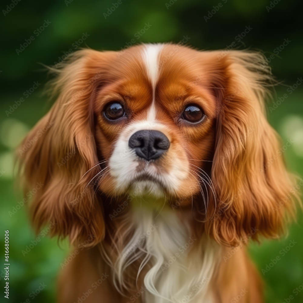 Naklejka premium Cavalier King Charles Spaniel dog portrait in a sunny summer day. Closeup portrait of a King Charles Spaniel dog in the field. Outdoor Portrait of a beautiful Spaniel dog in summer field. AI generated