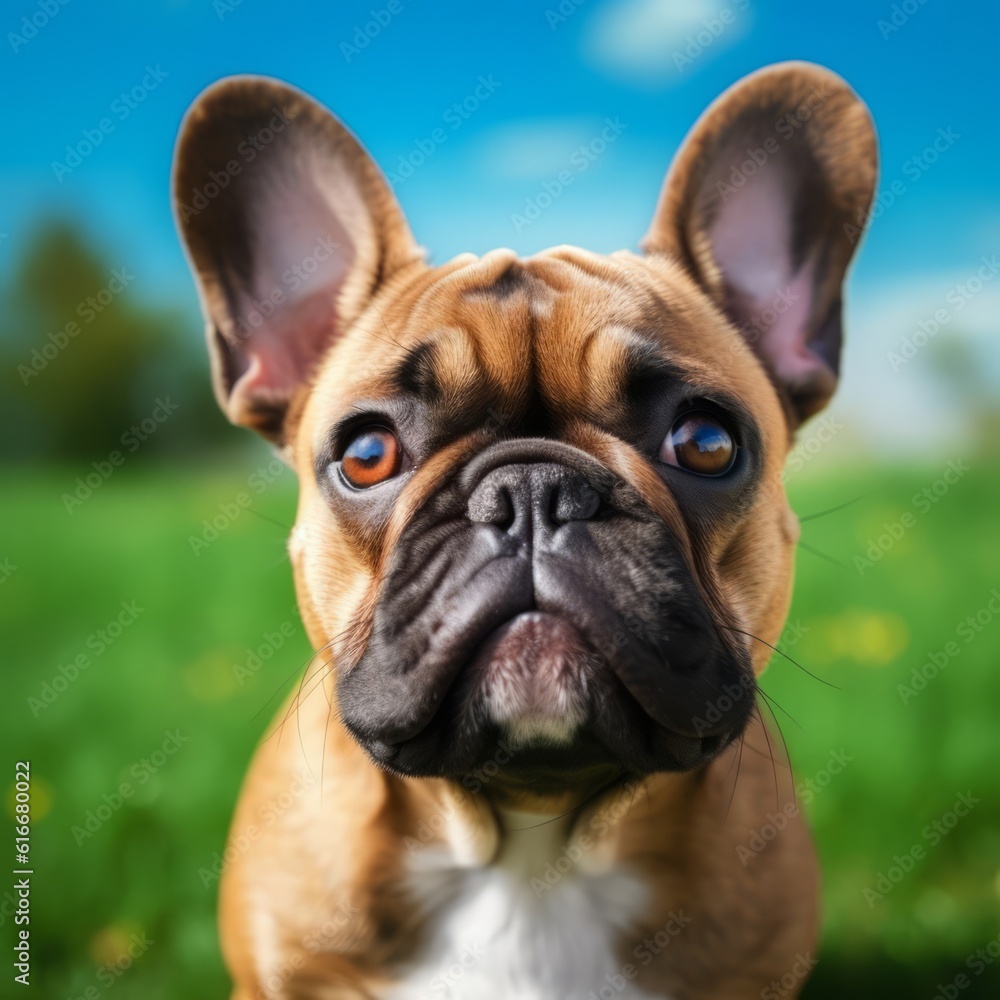 French Bulldog dog portrait in a sunny summer day. Closeup portrait of a French Bulldog dog in the field. Outdoor Portrait of a beautiful French Bulldog dog in summer field. AI generated