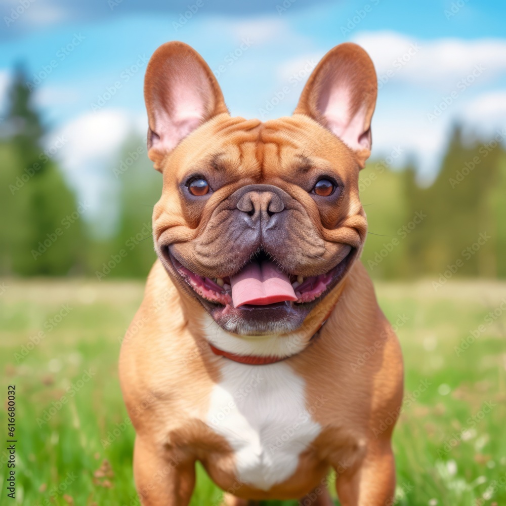 French Bulldog dog portrait in a sunny summer day. Closeup portrait of a French Bulldog dog in the field. Outdoor Portrait of a beautiful French Bulldog dog in summer field. AI generated